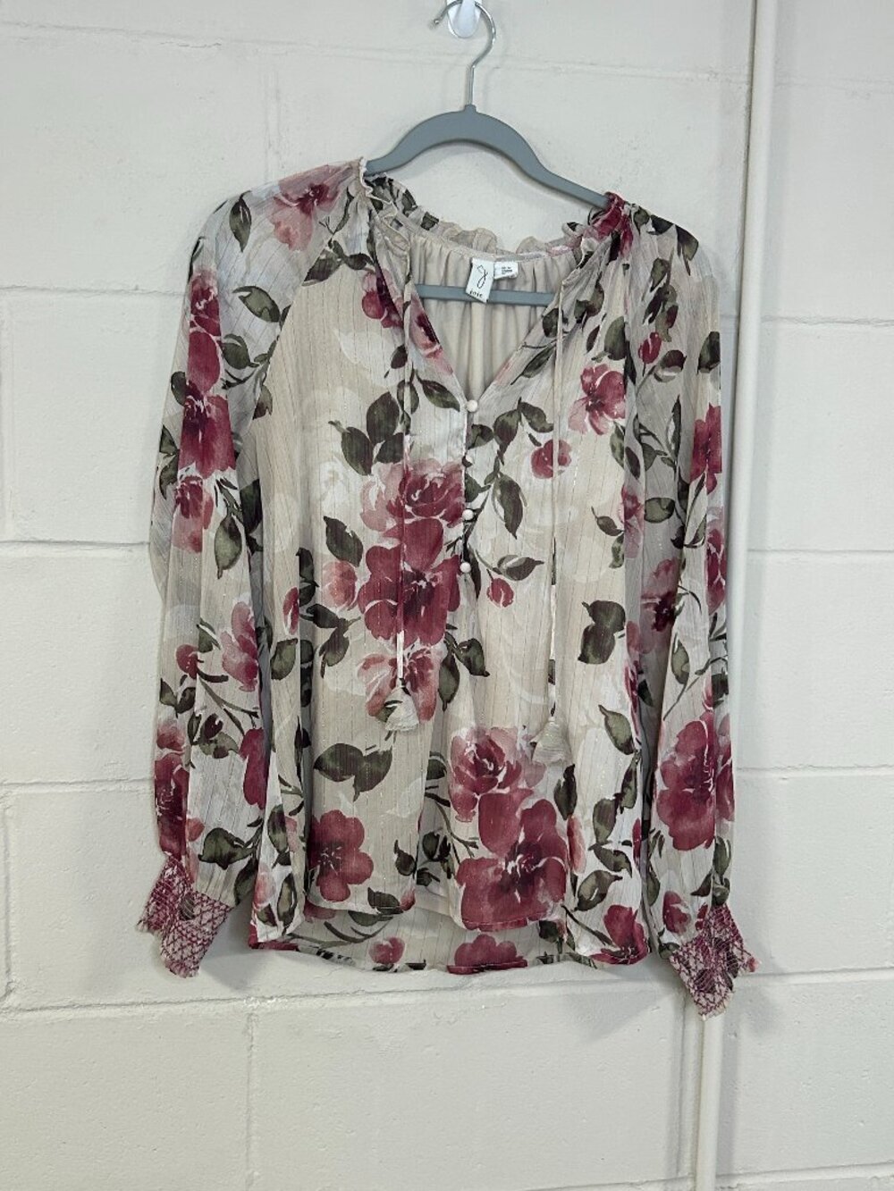 Joie Top Womens Medium Muted Florals Long Sleeve Ruffle V Neck Chiffon Romantic